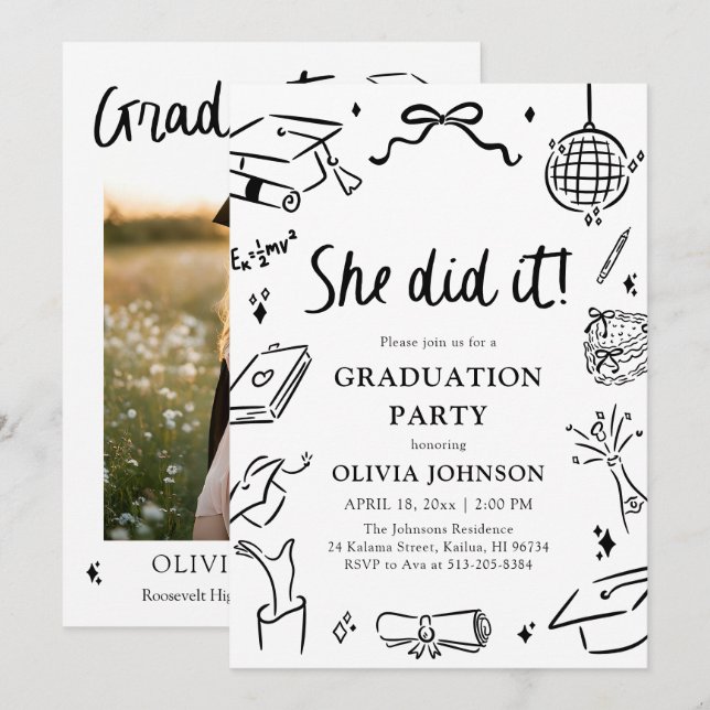 Invitación Modern Hand Drawn She did it Graduation Party (Anverso / Reverso)