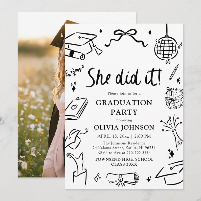 Invitación Modern Hand Drawn She did it Graduation Party (Anverso / Reverso)