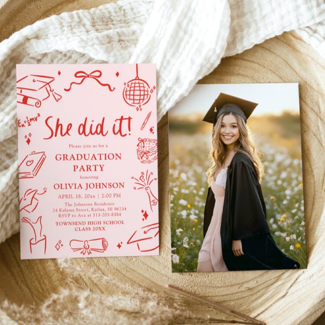 Invitación Modern Hand Drawn She did it Graduation Party (Modern Hand Drawn She did it Graduation Party Invitation)