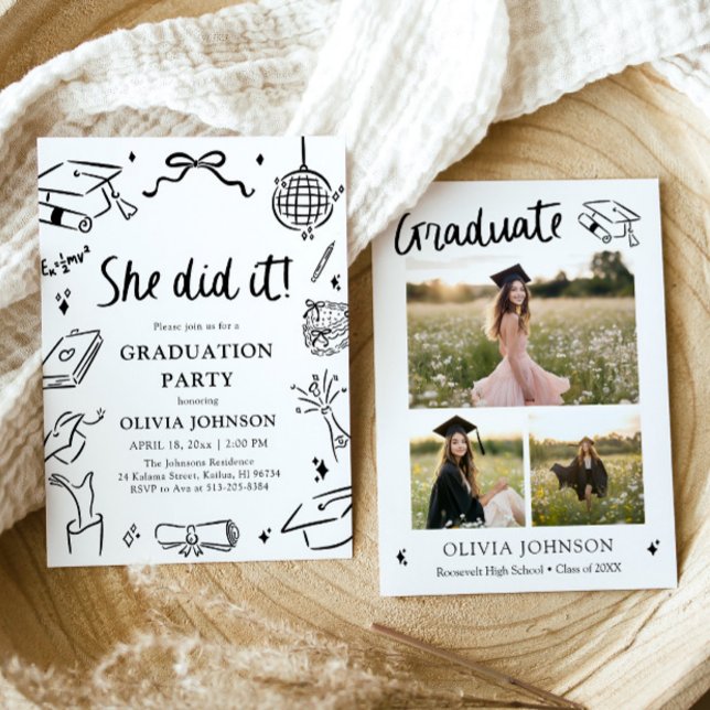 Invitación Modern Hand Drawn She did it Graduation Party (Modern Hand Drawn She did it Graduation Party Invitation)