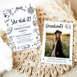 Invitación Modern Hand Drawn She did it Graduation Party