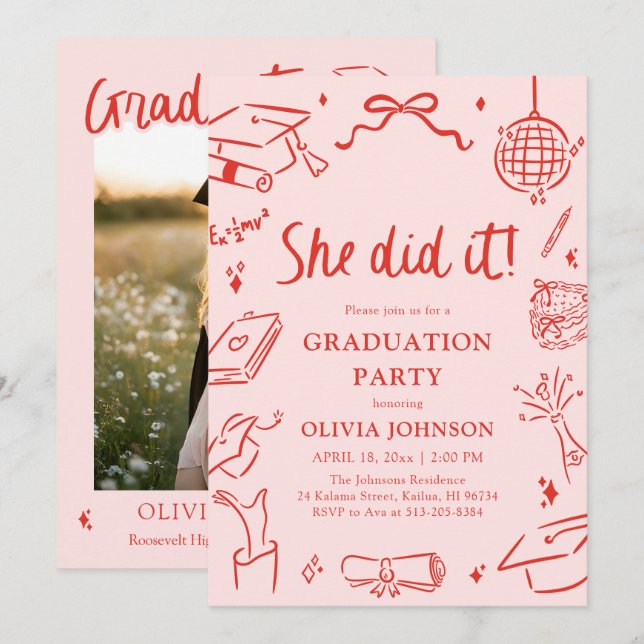 Invitación Modern Hand Drawn She did it Graduation Party (Anverso / Reverso)