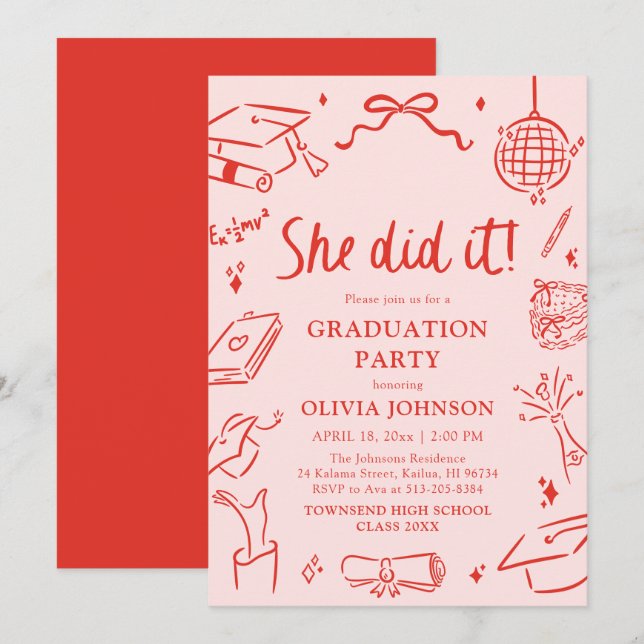 Invitación Modern Hand Drawn She did it Graduation Party (Anverso / Reverso)