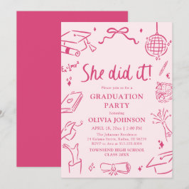 Invitación Modern Hand Drawn She did it Pink Graduation Party
