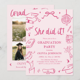 Invitación Modern Hand Drawn She did it Pink Graduation Party