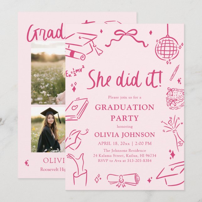 Invitación Modern Hand Drawn She did it Pink Graduation Party (Anverso / Reverso)