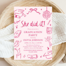 Invitación Modern Hand Drawn She did it Pink Graduation Party