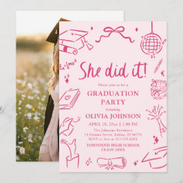 Invitación Modern Hand Drawn She did it Pink Graduation Party