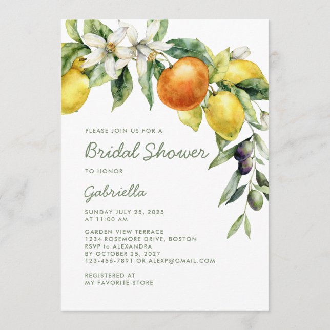 Invitación Modern Handwritte Script Citrus Bridal Shower (Anverso)