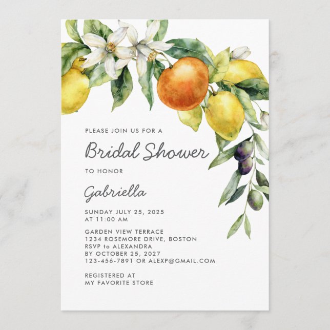 Invitación Modern Handwritte Script Citrus Bridal Shower (Anverso)