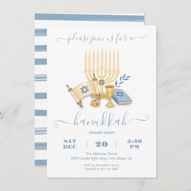 Invitación Modern Hanukkah Party watercolor (Anverso / Reverso)