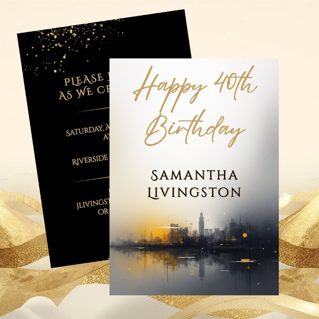 Invitación Modern Happy 40th Birthday Party Black and Gold (Modern Happy 40th Birthday Party Black and Gold Invitation)