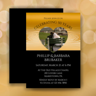 Invitación Modern Heart Photo Golden 50th Wedding Anniversary