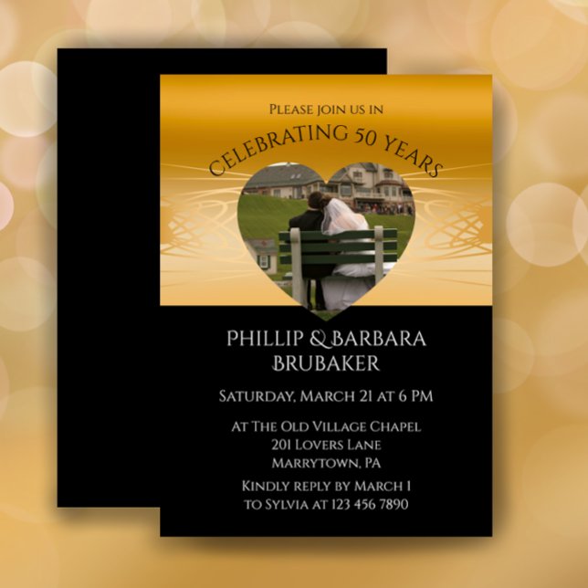 Invitación Modern Heart Photo Golden 50th Wedding Anniversary (Customize this elegant 50th wedding anniversary party invitation with photo heart gold and black.
)