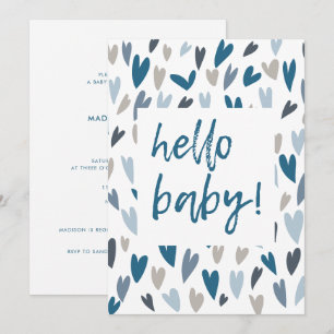 Invitación Modern Hearts Blue Boy Hola Baby Shower