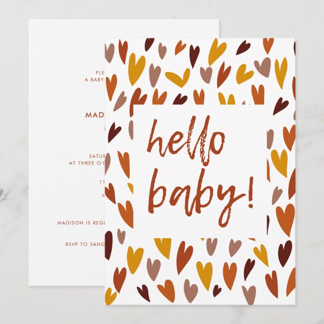 Invitación Modern Hearts Gender Neutral Hola Baby Shower (Anverso / Reverso)