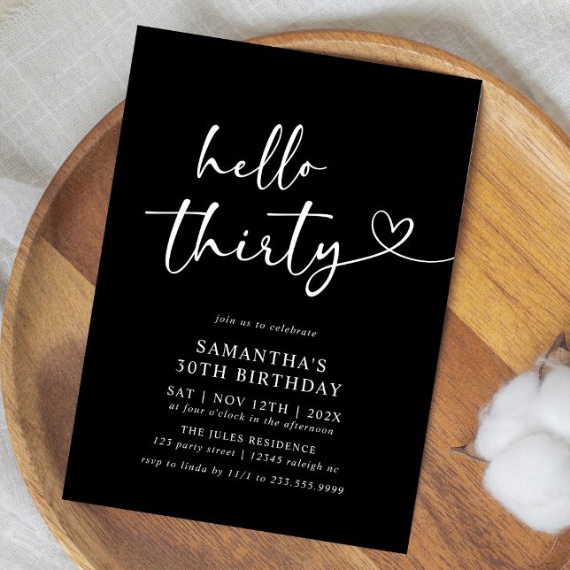 Invitación Modern Hello Thirty Black and White 30th Birthday (Subido por el creador)
