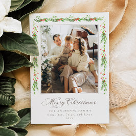 Invitación Modern Holly Garland Merry Christmas Photo Card