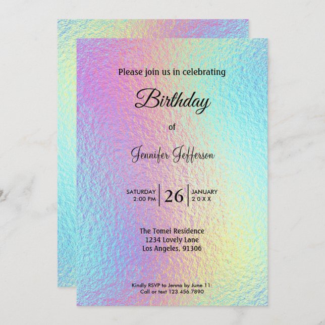 Invitación Modern holographic Birthday invitation (Anverso / Reverso)