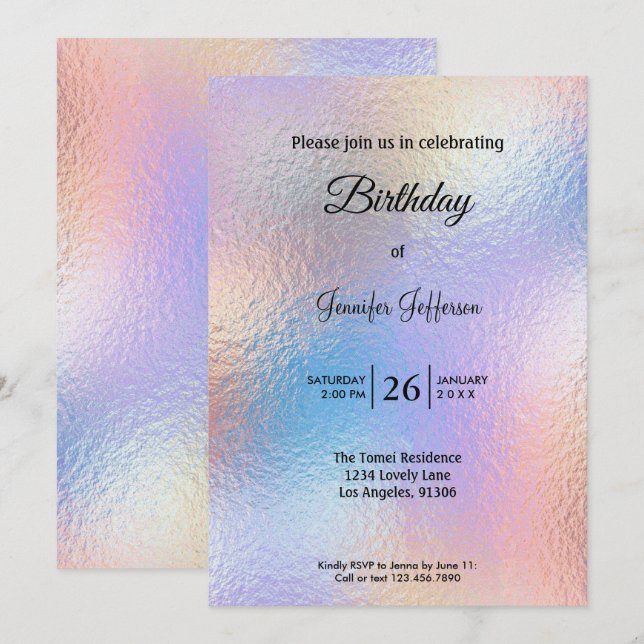 Invitación Modern holographic Birthday invitation (Anverso / Reverso)