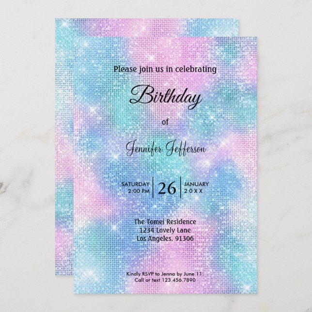 Invitación Modern holographic Birthday invitation (Anverso / Reverso)
