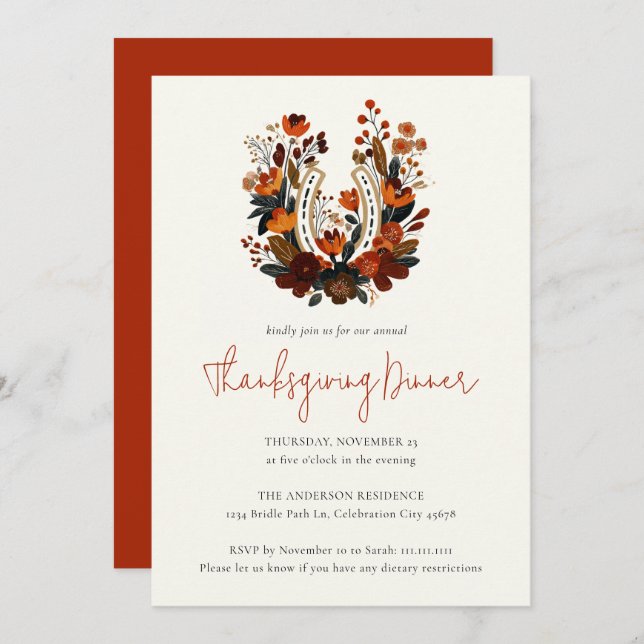 Invitación Modern Horseshoe Fall Equestrian Thanksgiving (Anverso / Reverso)