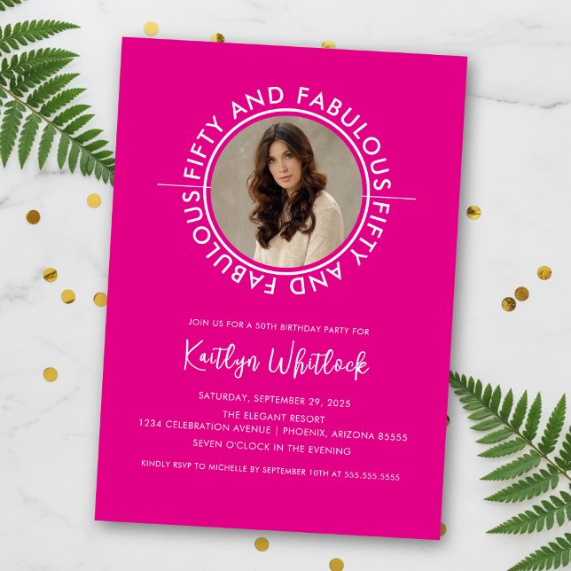 Invitación Modern Hot Pink 50 and Fabulous 50th Birthday (elegant modern hot pink black fifty and fabulous 50th birthday party invitation for her woman women)