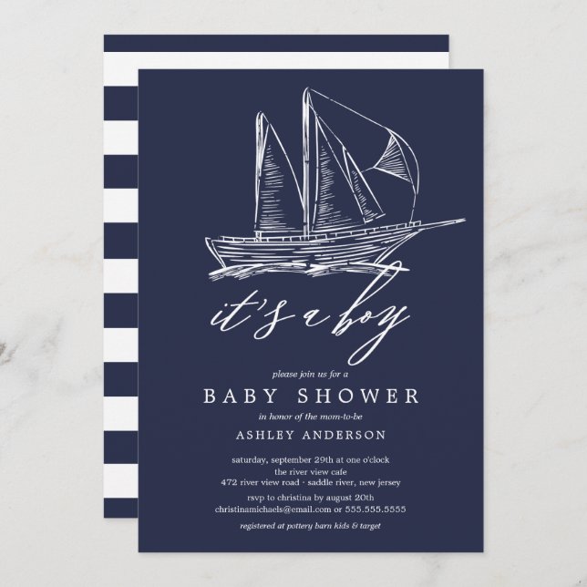 Invitación Modern It's a Boy Sailboat Baby Shower (Anverso / Reverso)