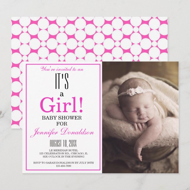 Invitación Modern It's a Girl! Pink Photo Baby Shower (Anverso / Reverso)