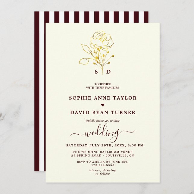 Invitación Modern Ivory Deep Burgundy Monogram Wedding (Anverso / Reverso)