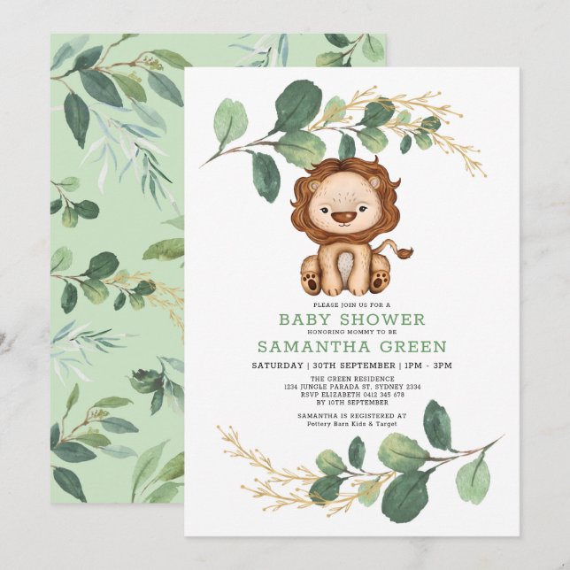 Invitación Modern Jungle Lion Greenery Gold Co-Ed Baby Shower (Anverso / Reverso)