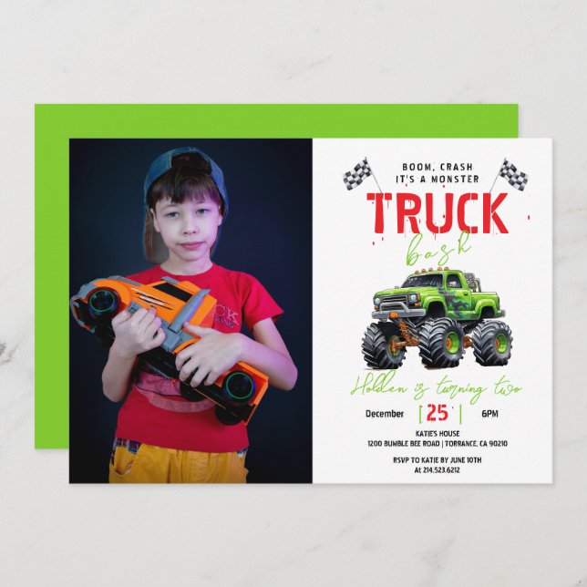 Invitación Modern Kids Monster Truck Birthday Party (Anverso / Reverso)