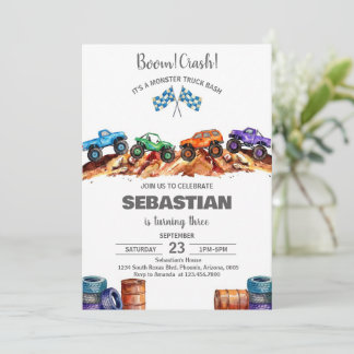 Invitación Modern Kids Monster Trucks Birthday Party
