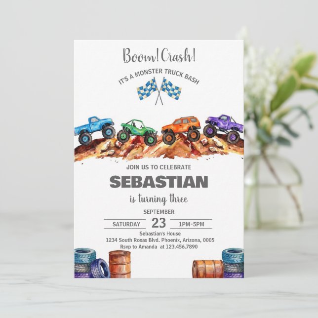 Invitación Modern Kids Monster Trucks Birthday Party (Anverso de pie)