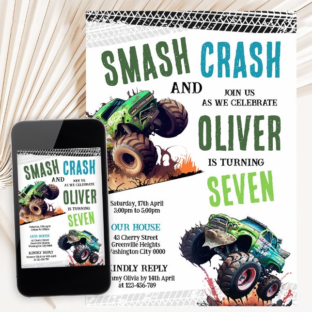 Invitación Modern Kids Monster Trucks Birthday Party (Subido por el creador)