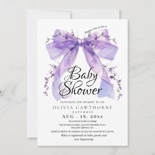 Invitación Modern Lavender Bow and Flowers Baby Shower (Anverso)