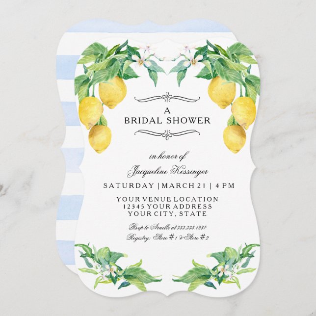 Invitación Modern Lemon Floral Elegant Blue Bridal Shower (Anverso / Reverso)