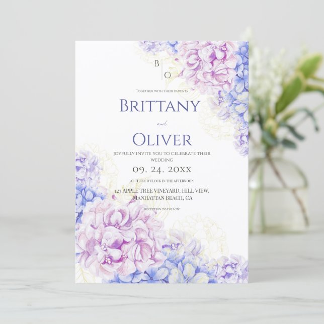 Invitación Modern Lilac & Blue Floral Wedding (Anverso de pie)