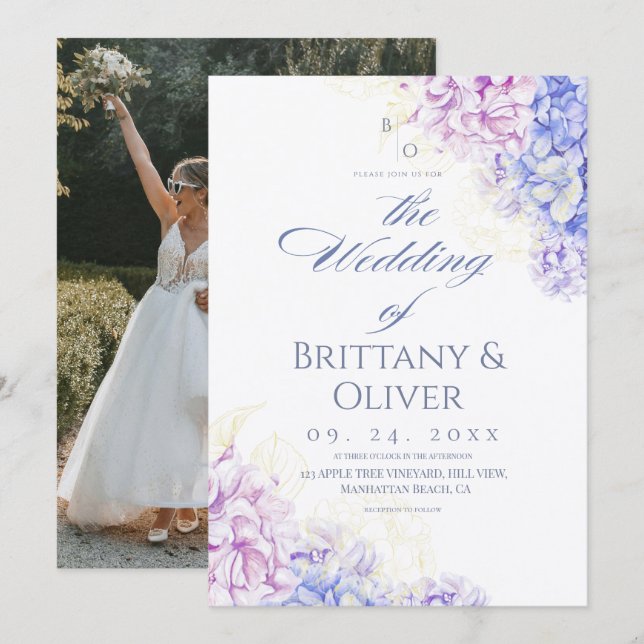 Invitación  Modern Lilac & Blue Spring  Floral Wedding (Anverso / Reverso)