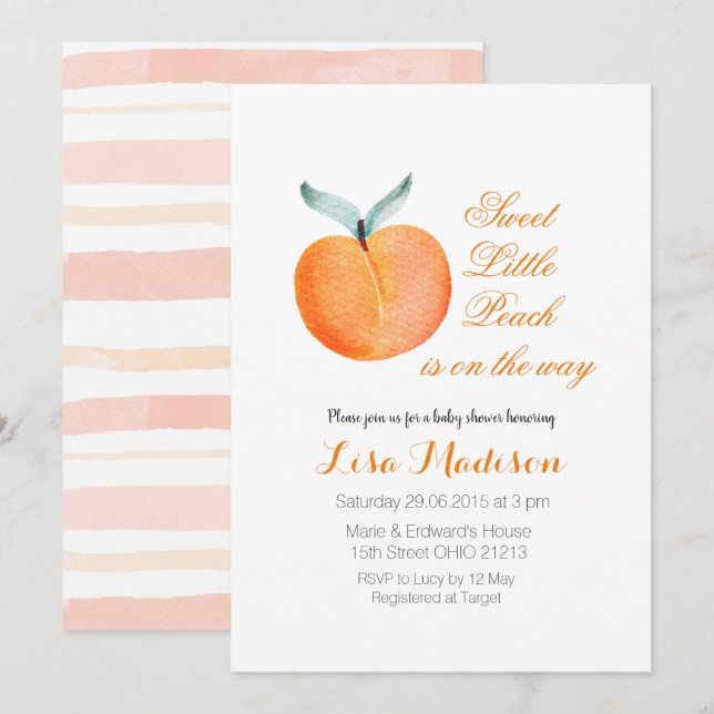 Invitación Modern Little Peach está en camino de Baby Shower (Anverso / Reverso)
