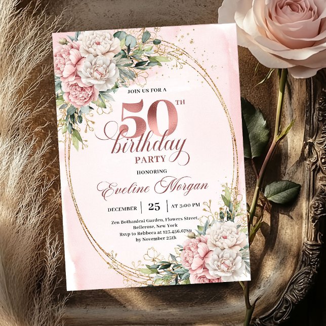 Invitación Modern Luxe Rose Gold 50th Birthday Party Invites (Modern Luxe Rose Gold 50th Birthday Party Invitation)
