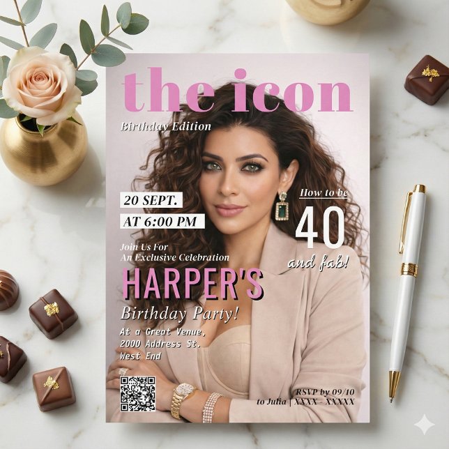 Invitación Modern Magazine Cover Photo Birthday Party (Make your birthday celebration headline news with this chic and modern magazine cover invitation! )
