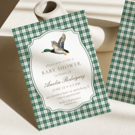 Invitación Modern Mallard Duck Neutral Gingham Baby Shower
