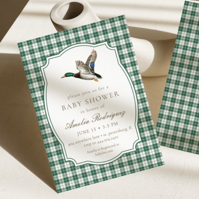 Invitación Modern Mallard Duck Neutral Gingham Baby Shower (Subido por el creador)