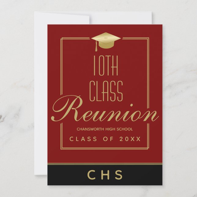 Invitación Modern Maroon Black Gold Script 10th Class Reunion (Anverso)