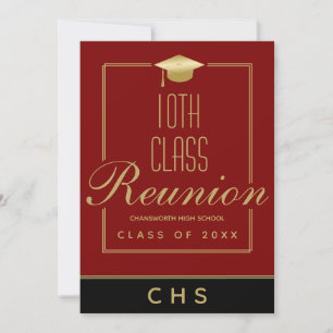 Invitación Modern Maroon Black Gold Script 10th Class Reunion