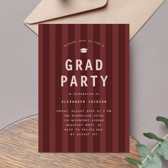 Invitación Modern Maroon Sporty Stripes Graduation Party (Subido por el creador)