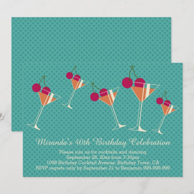 Invitación Modern Martini Cocktail 40 cumpleaños Fiesta (Anverso / Reverso)