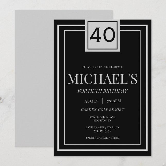 Invitación Modern Masculine Silver & Black 40th Birthday (Anverso / Reverso)