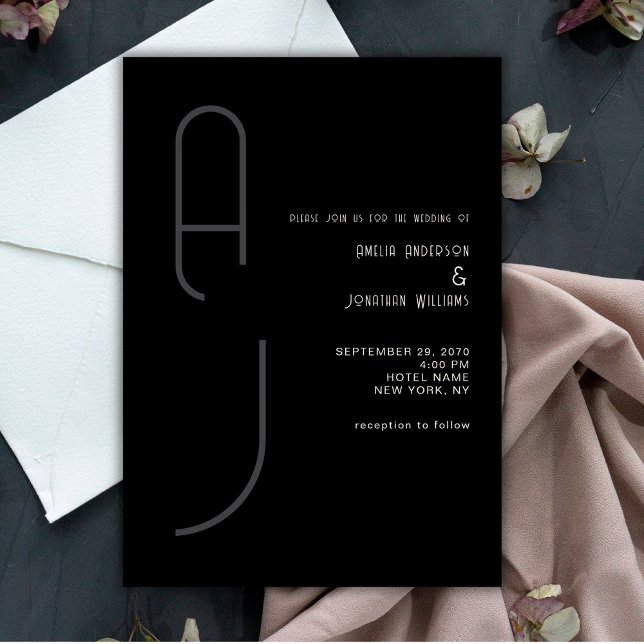 Invitación Modern Matte Monogram Minimal Wedding Black White  (Subido por el creador)